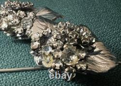 Beautiful Rhinestone Silvertone Metal Leaves Vintage Brooch Signed Eugene