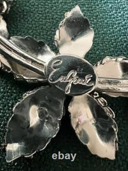 Beautiful Rhinestone Silvertone Metal Leaves Vintage Brooch Signed Eugene