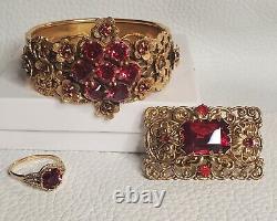 Beautiful Vintage Gold Tone Red Rhinestone Detailed Bracelet, Brooch And Ring Set