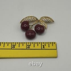 Beautiful Vintage Joan Rivers Gold Tone Rhinestone Cherries Brooch & Earring Set