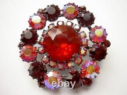 Beautiful Vintage Schreiner Red AB Rhinestone Flower Brooch Pin