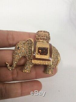 Beautiful Vtg Ciner Amber Rhinestone Enamel Elephant gold tone pin brooch