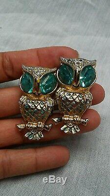 Beautiful vintage Coro duette owls blue clear rhinestone fur clip pin brooch