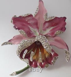 Big Vintage Coro Rhodium Plate Enamel Rhinestone Orchid Flower Brooch
