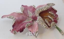 Big Vintage Coro Rhodium Plate Enamel Rhinestone Orchid Flower Brooch