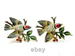 Bird Duette by Coro Craft Rhinestone Enamel Double Fur Clip Brooch Katz Sparrows