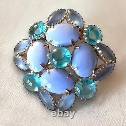 Blue Cabochon Rhinestone Brooch Pin Frosted Mid-Century Vintage Juliana Style