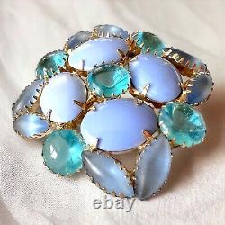 Blue Cabochon Rhinestone Brooch Pin Frosted Mid-Century Vintage Juliana Style