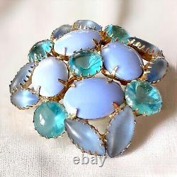 Blue Cabochon Rhinestone Brooch Pin Frosted Mid-Century Vintage Juliana Style