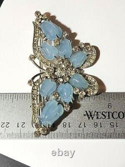 Blue Moonstone Lucite Molded Tulip Rhinestone Large Vintage Butterfly Brooch