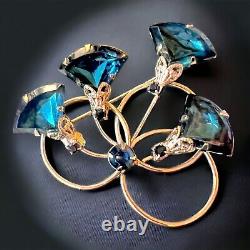 Blue Rhinestone Flower Brooch Gold Tone Vintage 1960s Juliana Style