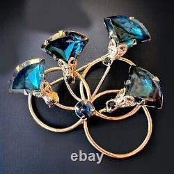 Blue Rhinestone Flower Brooch Gold Tone Vintage 1960s Juliana Style