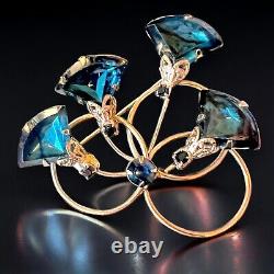 Blue Rhinestone Flower Brooch Gold Tone Vintage 1960s Juliana Style