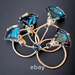 Blue Rhinestone Flower Brooch Gold Tone Vintage 1960s Juliana Style