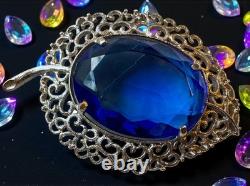 Bluebonnet Blue Huge Glass Solitaire Estate Filigree Vintage Rhinestone Brooch