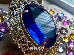 Bluebonnet Blue Huge Glass Solitaire Estate Filigree Vintage Rhinestone Brooch