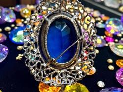 Bluebonnet Blue Huge Glass Solitaire Estate Filigree Vintage Rhinestone Brooch