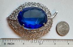 Bluebonnet Blue Huge Glass Solitaire Estate Filigree Vintage Rhinestone Brooch