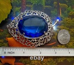 Bluebonnet Blue Huge Glass Solitaire Estate Filigree Vintage Rhinestone Brooch