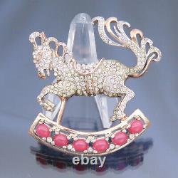 Book Piece REJA Sterling Rocking Horse Brooch Glass Ruby Cabochons Pave RS
