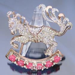 Book Piece REJA Sterling Rocking Horse Brooch Glass Ruby Cabochons Pave RS