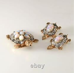 Boucher Turtles Brooch Pin Clip Earrings Set Faux Opals & Rhinestones VTG