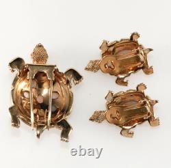 Boucher Turtles Brooch Pin Clip Earrings Set Faux Opals & Rhinestones VTG