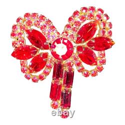 Brooch Bow AB Rhinestone Gold-Tone Red Vintage Large Jewelry