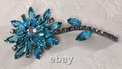 Brooch Navette Turquoise Rhinestone Flower Vtg 50's Unsigned Attributed Juliana