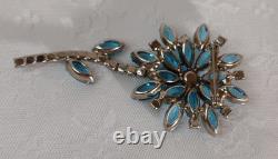 Brooch Navette Turquoise Rhinestone Flower Vtg 50's Unsigned Attributed Juliana