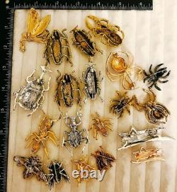 Bug Insect Brooch Lot 20 Rhinestone Enamel Beetle Spider Fly Pins Vintage Style