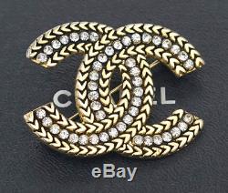 CHANEL CC Logo Rhinestone Brooch Gold Tone Pin Vintage Crystal #2482