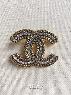 CHANEL Designer Vintage Gold-toned Metal Rhinestone CC Logo Pin Brooch