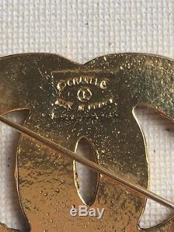 CHANEL Designer Vintage Gold-toned Metal Rhinestone CC Logo Pin Brooch