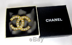 CHANEL Gold Plated CC Logo Rhinestone Vintage Pin Brooch