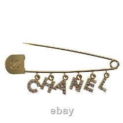 CHANEL Logos Rhinestone Safety Pin Brooch Gold 01P Vintage France Auth #UU210 O