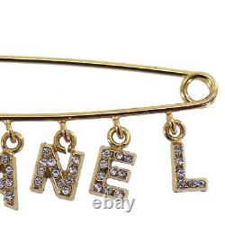CHANEL Logos Rhinestone Safety Pin Brooch Gold 01P Vintage France Auth #UU210 O