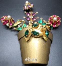 CHARLES ARMOUR Huge Rhinestone Flower Pot Vintage Pin Brooch RARE
