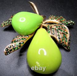 CINER Green Rhinestone & Enamel Pear Fruit Vintage Pin Brooch In Original Pouch