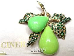 CINER Green Rhinestone & Enamel Pear Fruit Vintage Pin Brooch In Original Pouch