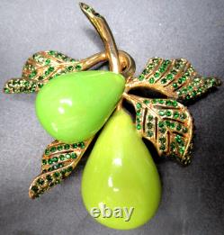 CINER Green Rhinestone & Enamel Pear Fruit Vintage Pin Brooch In Original Pouch