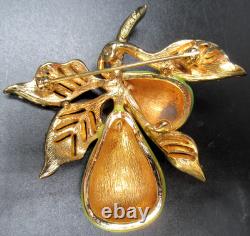CINER Green Rhinestone & Enamel Pear Fruit Vintage Pin Brooch In Original Pouch