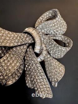 CINER Vintage High-End Huge Pave and Baguette Crystal Ribbon/Bow Pin, Signed! A+