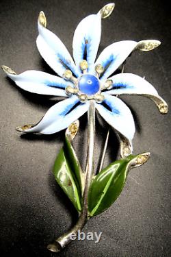 CORO Blue Enamel & Rhinestone Flower Vintage Pin Brooch