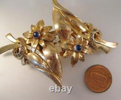 CORO DUETTE Floral Rhinestone Fur Clips Dress Clips Brooch 1940s Vintage Jewelry