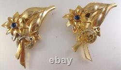 CORO DUETTE Floral Rhinestone Fur Clips Dress Clips Brooch 1940s Vintage Jewelry