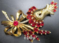 COROCRAFT Huge Red & Ice Rhinestone Flower Vintage Pin Brooch