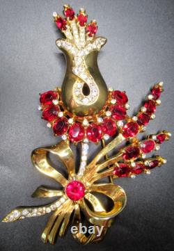 COROCRAFT Huge Red & Ice Rhinestone Flower Vintage Pin Brooch