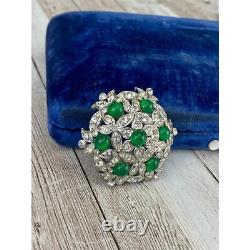 Capri Green Cabochon and Clear Rhinestone Brooch or Pin Vintage 1960s Floral Fig