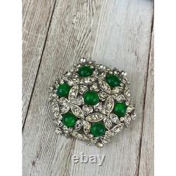 Capri Green Cabochon and Clear Rhinestone Brooch or Pin Vintage 1960s Floral Fig